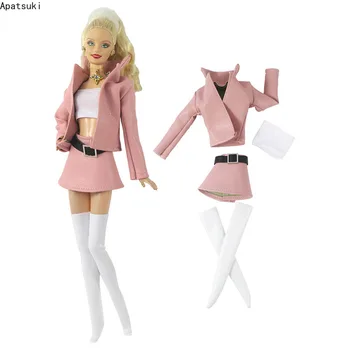 Розовое модное кожаное пальто, юбка, наряды для куклы Барби, комплект одежды, модный топ, куртка, юбка, носки для Барби, 1/6 аксессуаров