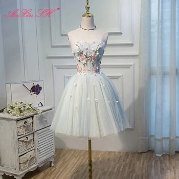 AnXin SH Маленькое розовое цветочное вечернее корейское элегантное ароматное короткое милое платье принцессы с голубым кружевом, короткое вечернее платье, маленькое белое платье