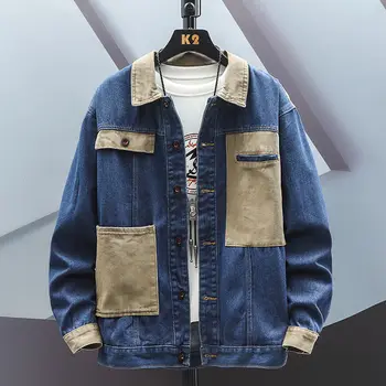 Высококачественная мужская джинсовая куртка, контрастное по цвету пальто, карманы Украшают модный топ из джинсовой одежды корейской версии;