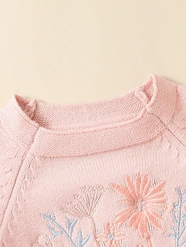 Повседневный свитер для маленьких девочек, комбинезон с длинными рукавами и оборками на подоле, с цветочной вышивкой и завязками, одежда принцессы