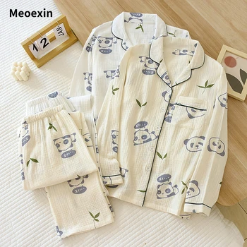Высококачественная двухслойная ночная рубашка из креп-хлопка Meoexin, летний кардиган тонкого размера с большими рукавами, комплект домашней одежды, домашняя пижама