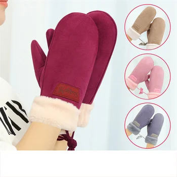 Женские зимние перчатки из искусственного меха, ветрозащитные, сохраняющие тепло, бархатные варежки, женские модные однотонные плюшевые перчатки на шее