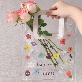 Сумка-тоут с цветами Для девочек, прозрачная сумка-тоут из ПВХ большой емкости, сумка для хранения, портативная косметичка