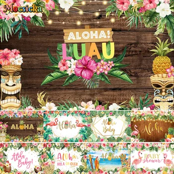 Тема Mocsicka Hawaii Украшение вечеринки в честь Дня рождения для фотосъемки Пальмовые листья Алоха Тропический Фон Баннер с изображением торта