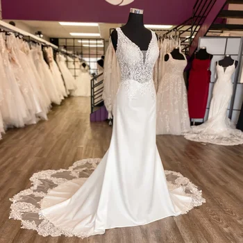 Романтическое свадебное платье Русалки 2024, свадебное платье с V-образным вырезом, цветочный шлейф, кружевная аппликация, Белая слоновая кость, официальная одежда невесты для вечеринок, женщина