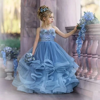 Платья для девочек в цветочек Для свадебного наряда de soirée de mariage, детские нарядные платья, платье для первого причастия из тюля с оборками