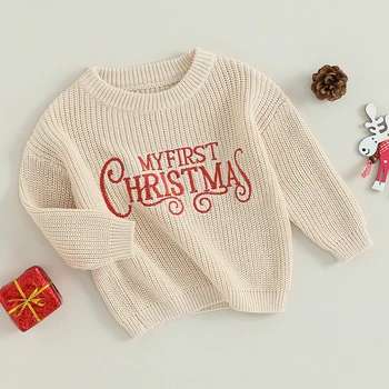 Рождественский вязаный свитер для маленьких девочек, бежевый пуловер с длинным рукавом и буквенным принтом, трикотаж
