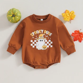 Комбинезон для маленьких мальчиков и девочек на Хэллоуин от 0 до 2 лет с милым рисунком в виде букв-призраков, боди с длинным рукавом и круглым вырезом, одежда для новорожденных