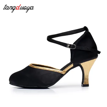 Туфли для латиноамериканских танцев, женские черные шелковые туфли для танго, Сальсы, джаза, для девочек, профессиональные туфли для бальных танцев, женские туфли на высоком каблуке 5/7 см, Tangduoya