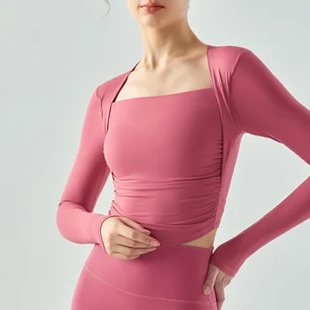 Женская спортивная одежда для спортзала с подкладкой, облегающая круглый вырез, Укороченная футболка для йоги с длинным рукавом для бега трусцой для женщин