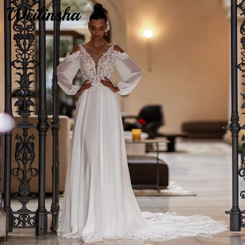 Новое поступление, женское шифоновое свадебное платье с аппликациями, длинные рукава, овальный вырез, шлейф для новобрачных трапециевидной формы, Vestido Novia