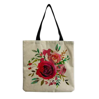 Льняная сумка-тоут с принтом розы, Многоразовая Уличная пляжная сумка через плечо для женщин, женская повседневная сумка-тоут для девочек