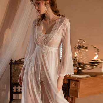 Белый халат Невесты и комплекты платьев Перспективное кружевное длинное платье Для новобрачных, Свадебные пижамы, Женский прозрачный халат, подарок подружке невесты, ночное белье