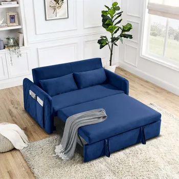 55-дюймовый современный раскладной диван-кровать Loveseat с 2 съемными карманами для рук, синий, диваны-кровати для гостиной.