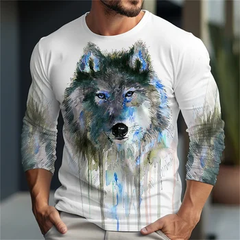Мужская футболка унисекс, забавные футболки с графическим принтом волка, круглый вырез, синий 3D принт, повседневная праздничная одежда с длинным рукавом и принтом, новинка