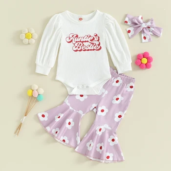 Детские Комбинезоны для маленьких девочек из 3 предметов, модные комбинезоны с длинными рукавами в рубчик с буквенным принтом, расклешенные брюки с цветочным рисунком, лента для волос