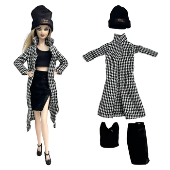 NK 1 комплект, Черная клетчатая куртка, Зимнее платье, Шляпа, Топ, юбка для куклы Барби, одежда, Парка, пальто, аксессуары для кукольного домика 1/6 BJD