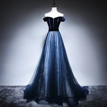 Вечернее платье Темно-синего цвета из бархатного тюля с открытыми плечами, трапециевидной формы, длиной до пола, большого размера, вечернее платье Robe De Soiree
