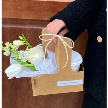 20шт Крафт-бумаги, коробка-держатель для кофейных напитков на вынос, Контейнер для букетов цветов с ручкой, упаковочный материал для флористов