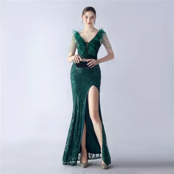 Длинное платье с глубоким V-образным вырезом, украшенное страусиными перьями и бисером, расшитое блестками вечернее платье, сексуальное роскошное платье, блестящее вечернее платье, вечернее платье
