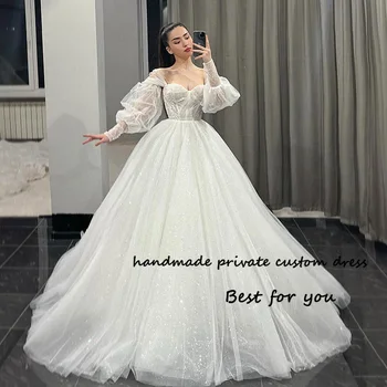 Блестящие свадебные платья принцессы из белого тюля с пышными рукавами, свадебные платья трапециевидной формы, сшитые на заказ