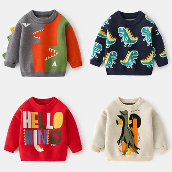Новинка 2023 года, Детский пуловер, свитер, Осень-зима, для мальчиков, милый мультяшный динозавр, Вязаный джемпер с круглым вырезом, Свитера, Топы, одежда