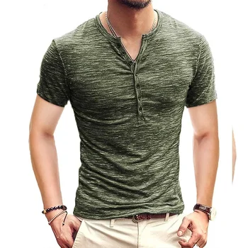 B88905 Мужская футболка Henley с коротким рукавом, стильная приталенная футболка с V-образным вырезом, повседневные мужские футболки, размер США