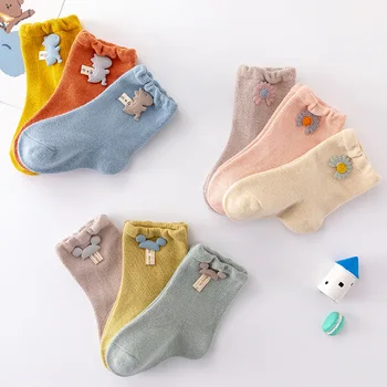 3 Пары / лот, Детские хлопчатобумажные носки с мультяшными нашивками, Носки для мальчиков, Носки для девочек, Мягкие носки для новорожденных, Детская одежда