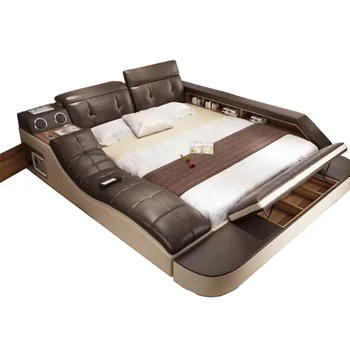 Кровать из натуральной кожи с двойным массажным каркасом, многофункциональные кровати размера King / Queen Size, высокотехнологичные умные татами, универсальная кровать Camas Modernas