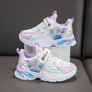 Повседневная обувь для девочек Disney, сетчатая дышащая обувь на подошве Priness Elsa Frozen Heart, детская повседневная обувь, розово-фиолетовые кроссовки