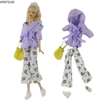 Модный комплект одежды для куклы Барби, светло-фиолетовые топы, штаны с мультяшной обезьяной, Белые туфли, Сумочка для аксессуаров Barbie 1/6