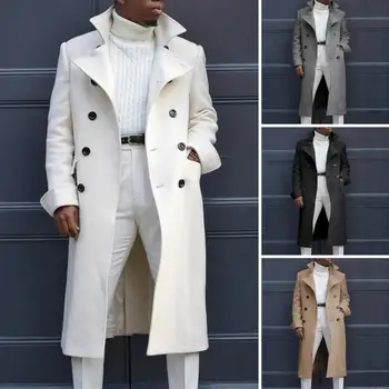 Мужское пальто с лацканами, стильный мужской двубортный тренч средней длины, ветрозащитная толстая универсальная куртка на осень-зиму, однотонная