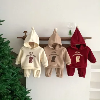 2023 Зимний комплект одежды для новорожденных мальчиков из 2 предметов, хлопковая плюс бархатная толстовка с капюшоном с длинными рукавами, теплые брюки, костюм для маленьких мальчиков, наряды