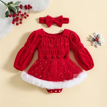 Рождественский комбинезон для маленьких девочек, платье с длинными рукавами и пуговицами, Клетчатая пачка, Короткая юбка Принцессы, вязаный комбинезон, повязка на голову, комплект из 2 предметов
