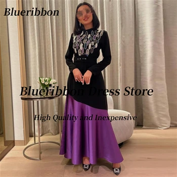 Черные и фиолетовые выпускные платья Blueribbon 2024, вечерние платья с длинными рукавами, женская одежда для вечеринки по случаю Дня рождения, украшенная бисером, с высоким воротником.