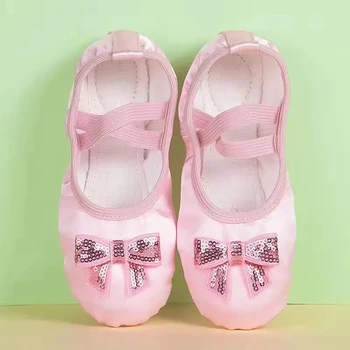 Балетные тапочки для девочек USHINE, кружевные балетные туфли для танцев, кружевные балетные туфли на мягкой подошве с бантиком, балетные тапочки
