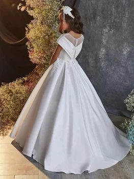 Элегантное белое атласное кружевное платье с аппликацией в пол для девочек в цветочек на свадьбу, детский день рождения, бальные платья для Первого причастия