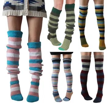 Женские осенне-зимние вязаные чулки для взрослых, повседневные носки до колена в разноцветную полоску, Длинные модные чулки