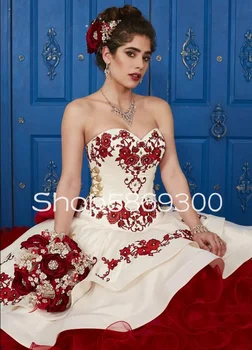 Красно-белый шлейф для часовни, Пышные платья принцессы с цветочной вышивкой, Корсет для выпускного Sweet 15 robe de mariée rouge