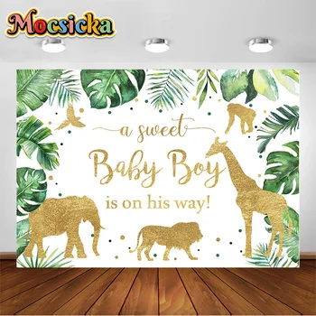 Золотой фон для вечеринки в стиле сафари, зеленые листья, животные в джунглях, милый фон для фотографии мальчика, Это новорожденный мальчик