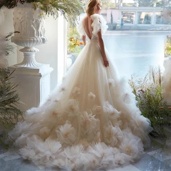 Великолепный А-силуэт, глубокий V-образный вырез, тюль с 3D цветами, элегантный блеск принцессы для романтической свадьбы, свадебное платье Vestidos de novia
