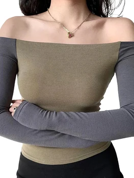 Женские укороченные топы с открытыми плечами контрастного цвета, шикарные футболки с длинным рукавом, открывающие пупок, футболка