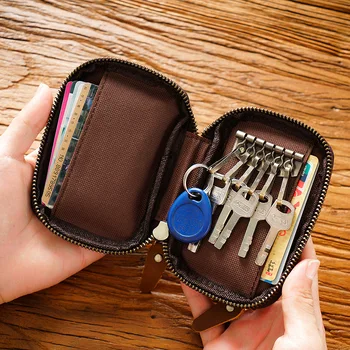 Кошелек для монет из натуральной кожи для мужчин и женщин, винтажный Короткий многофункциональный кошелек на молнии, сумка-футляр для карт, карман для ключей, кольцо для ключей