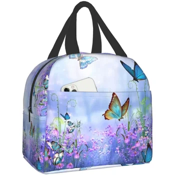 Красочная изолированная сумка для ланча с фиолетовым цветком и бабочкой, милые сумки для ланча для женщин, многоразовые Водонепроницаемые Герметичные ланч-боксы Kawaii