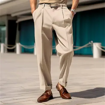 Однотонные мужские брюки, дышащие мужские брюки, стильные мужские костюмные брюки, удобные широкие брюки со средней талией, дышащие для официальных мероприятий