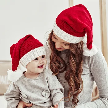 1 шт. Рождественская шапка для родителей и детей с милым помпоном для девочек и мальчиков, шапочка-бини, Однотонная Теплая вязаная крючком шапочка для мамы и ребенка для детей