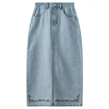 Свободная опрятная юбка-трапеция средней длины с высокой талией, Джинсовая юбка для женщин