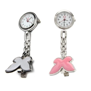 2 предмета Часы для медсестер Пульсометр Карманные часы Кварцевые Бабочка Мотив Белый и розовый