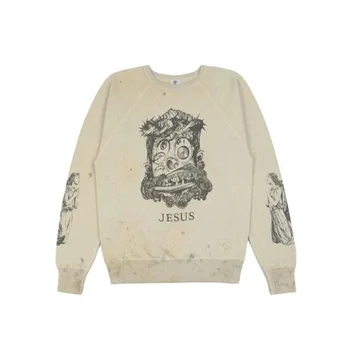 японский свитер Святого Михаила с принтом Иисуса, стирающийся в стиле ретро, уличный рок, свободная толстовка цвета слоновой кости, белый повседневный модный свитер
