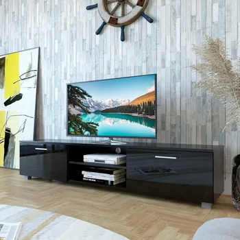 DMAITH Черная подставка для телевизора с диагональю 55 60 65 70 дюймов, с большим шкафом для хранения и открытыми полками, под столом для гостиной, спальни